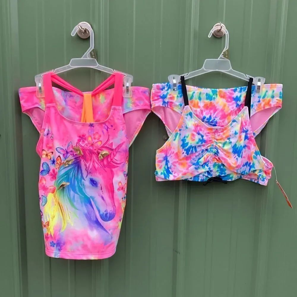 Girls Tie Dye & Unicorn Tankini Bikini Swimsuit Bathing Suit 2-Pack Size XL